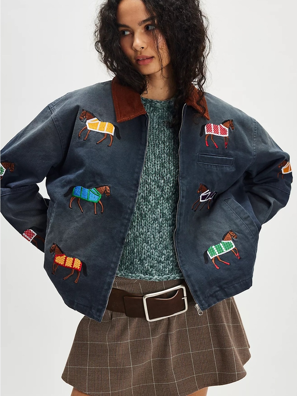 Found Lariat Blue Embroidered Horse Western Bohemian Utility Barn Jacket L - Picture 1 of 16